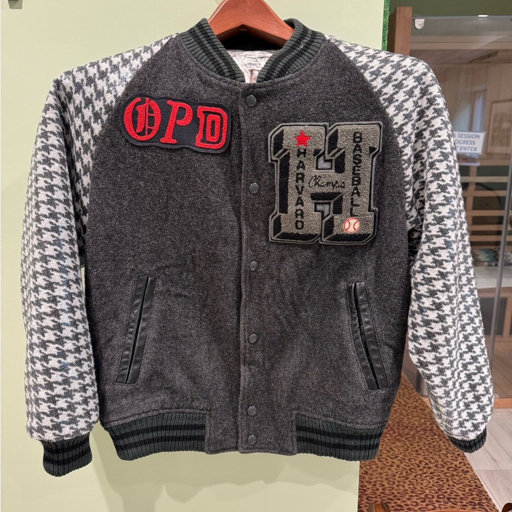 Vintage Gray Varsity Jacket with sequin Houndstooth Sleeves